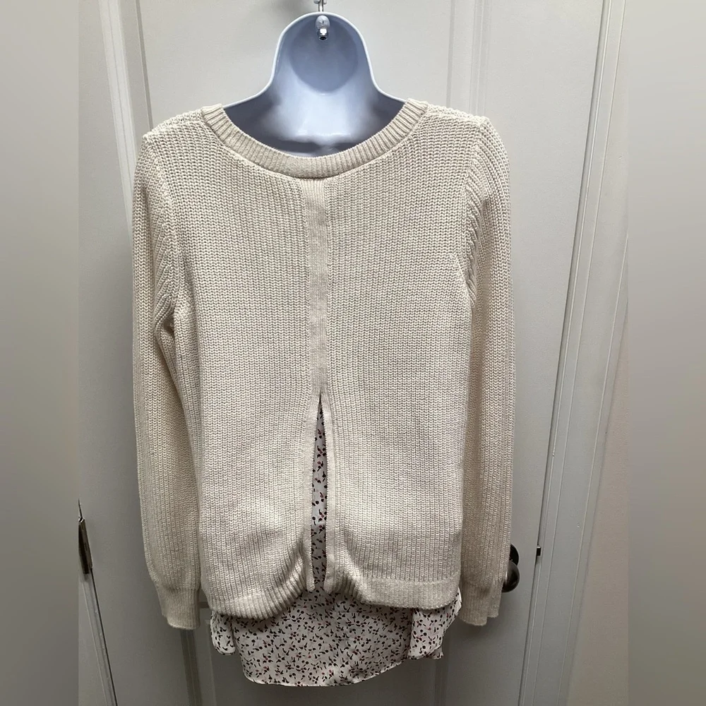 LOFT Meadow split back mixed media sweater, beige size small